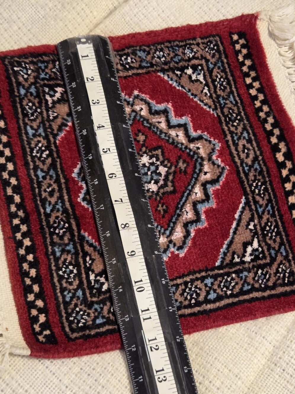 Small Wool Rug Hand Knit Persian Style 1 Square Foot Red White Fringe Bokhara - Picture 10 of 10